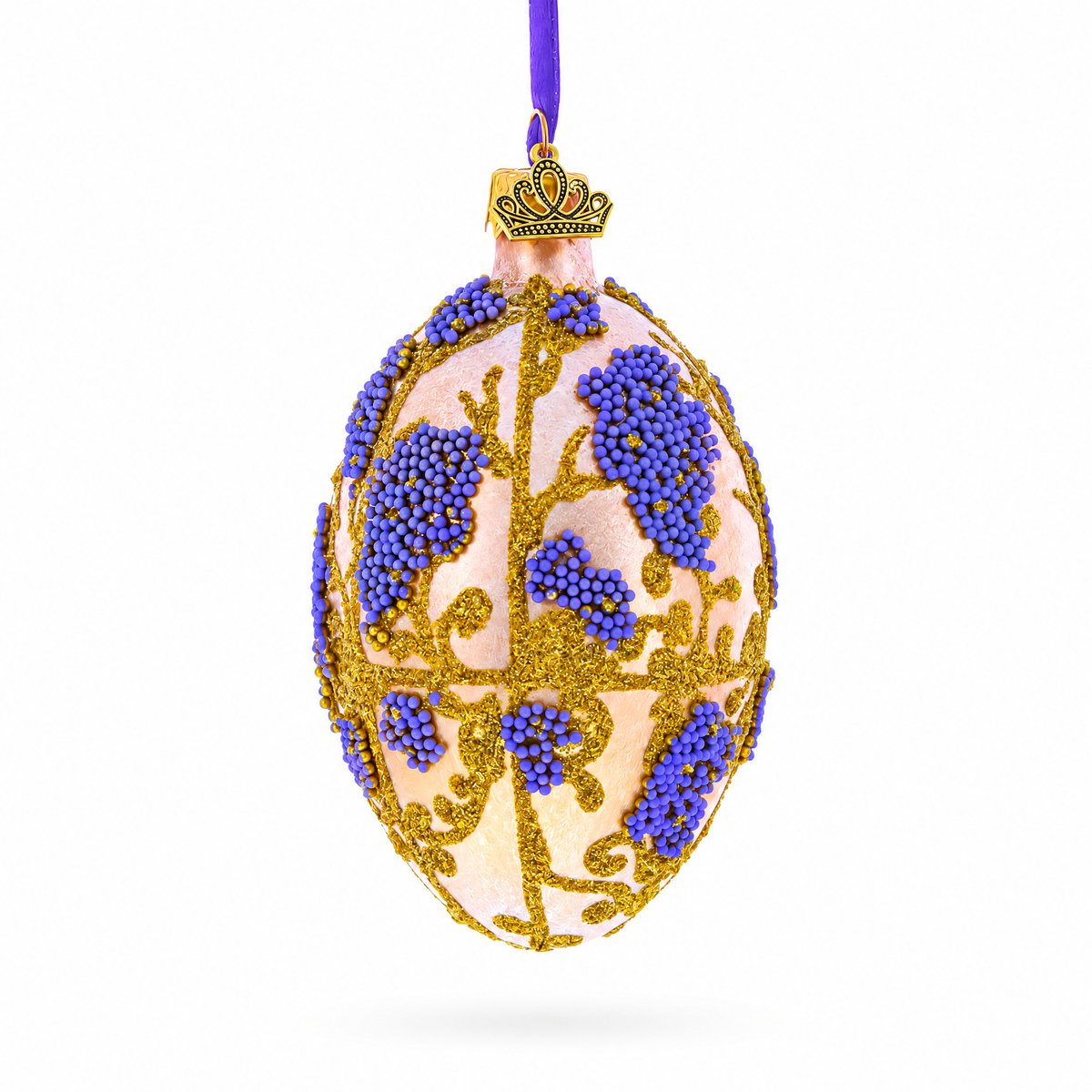 Golden Amber with Lavender Blossoms Beaded Glass Egg Ornament 4 Inches