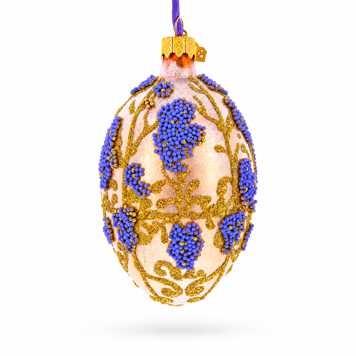 Golden Amber with Lavender Blossoms Beaded Glass Egg Ornament 4 Inches