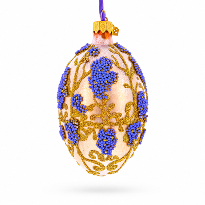 Golden Amber with Lavender Blossoms Beaded Glass Egg Ornament 4 Inches