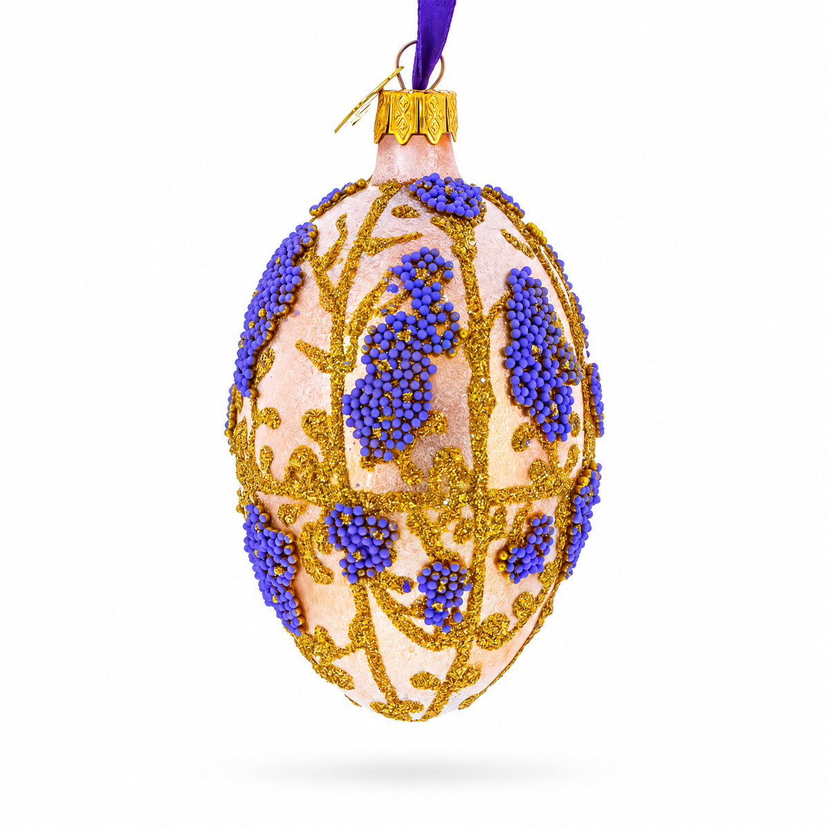 Golden Amber with Lavender Blossoms Beaded Glass Egg Ornament 4 Inches