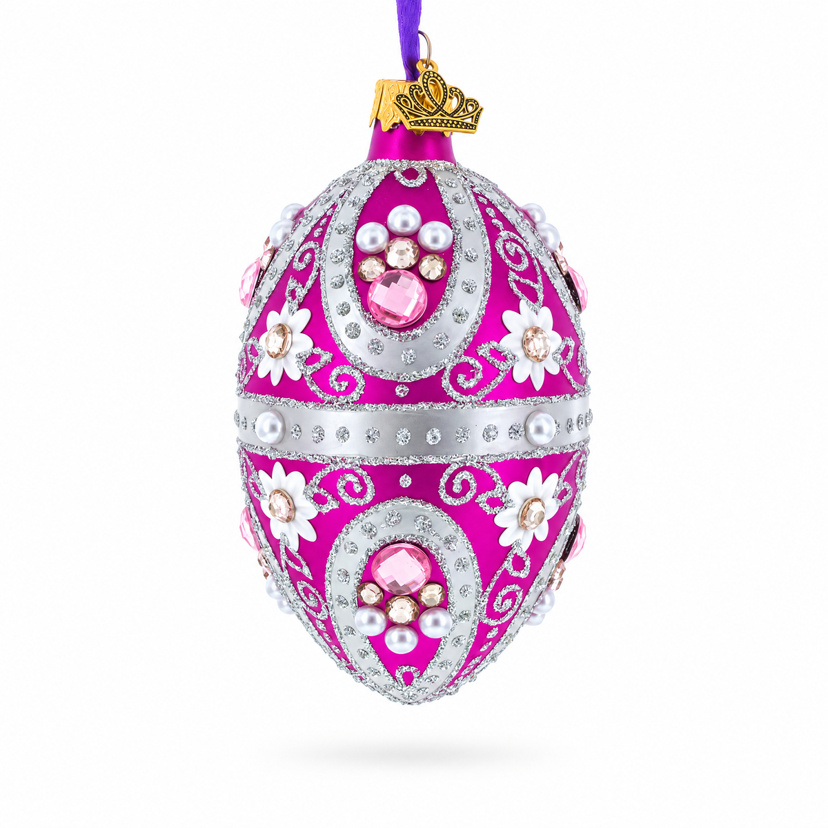 Purple Elegance with Pearls and Floral Accents Glass Egg Ornament 4 Inches