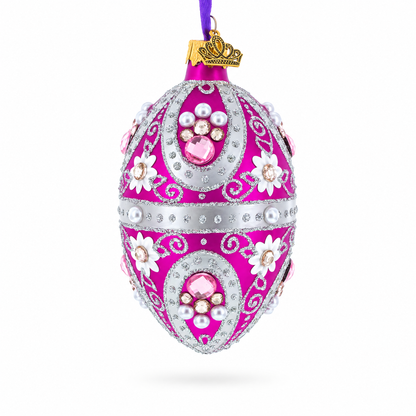 Purple Elegance with Pearls and Floral Accents Glass Egg Ornament 4 Inches