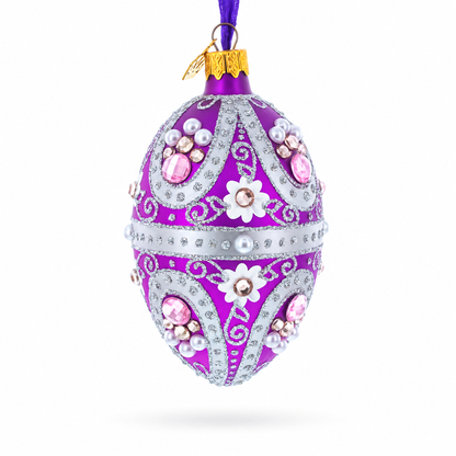 Purple Elegance with Pearls and Floral Accents Glass Egg Ornament 4 Inches