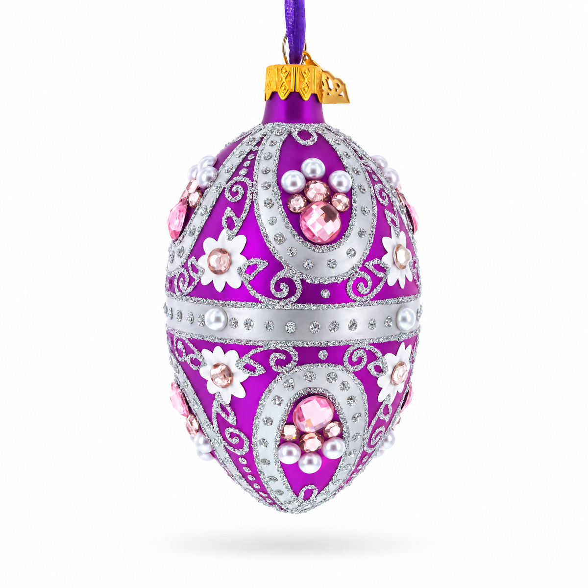 Purple Elegance with Pearls and Floral Accents Glass Egg Ornament 4 Inches