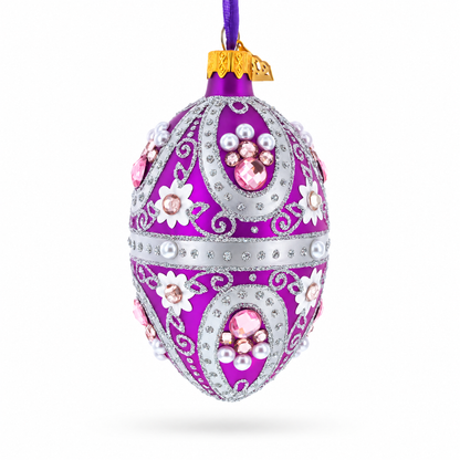 Purple Elegance with Pearls and Floral Accents Glass Egg Ornament 4 Inches