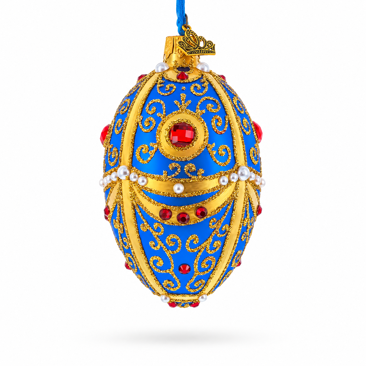 Royal Blue and Gold Ornate Jeweled Glass Egg Ornament 4 Inches