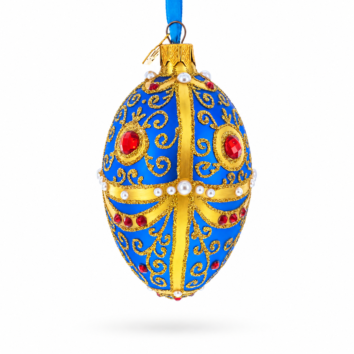 Royal Blue and Gold Ornate Jeweled Glass Egg Ornament 4 Inches