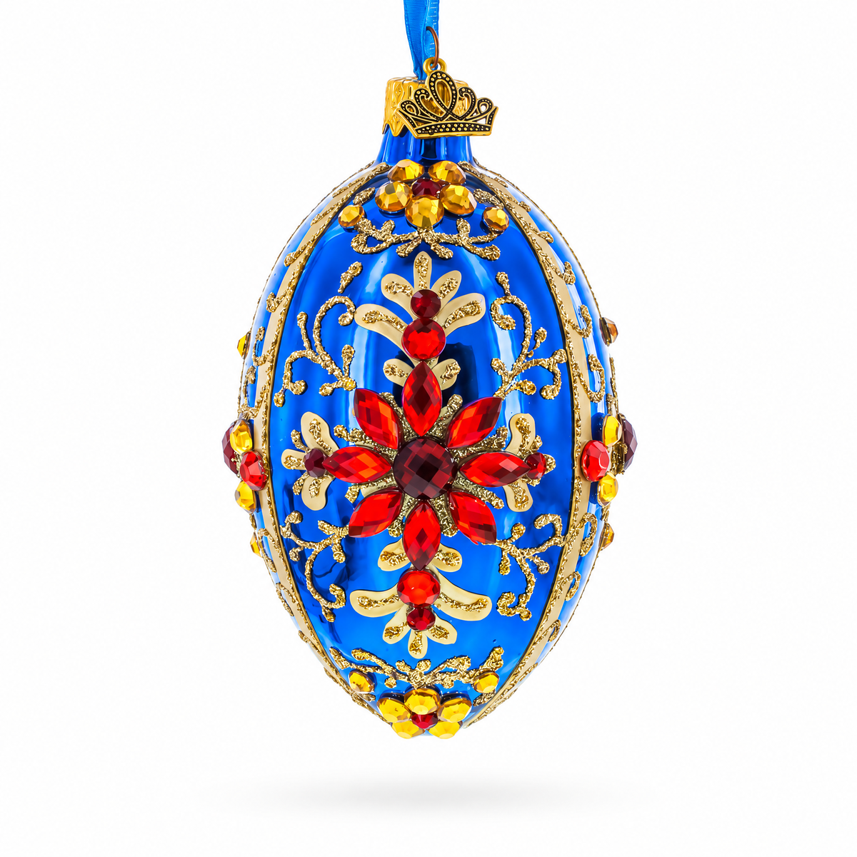 Sapphire with Red Floral Gemstone Embellishments Glass Egg Ornament 4 Inches