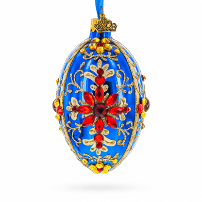 Sapphire with Red Floral Gemstone Embellishments Glass Egg Ornament 4 Inches