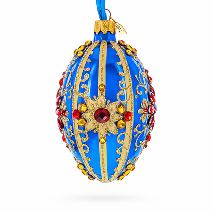 Sapphire with Red Floral Gemstone Embellishments Glass Egg Ornament 4 Inches