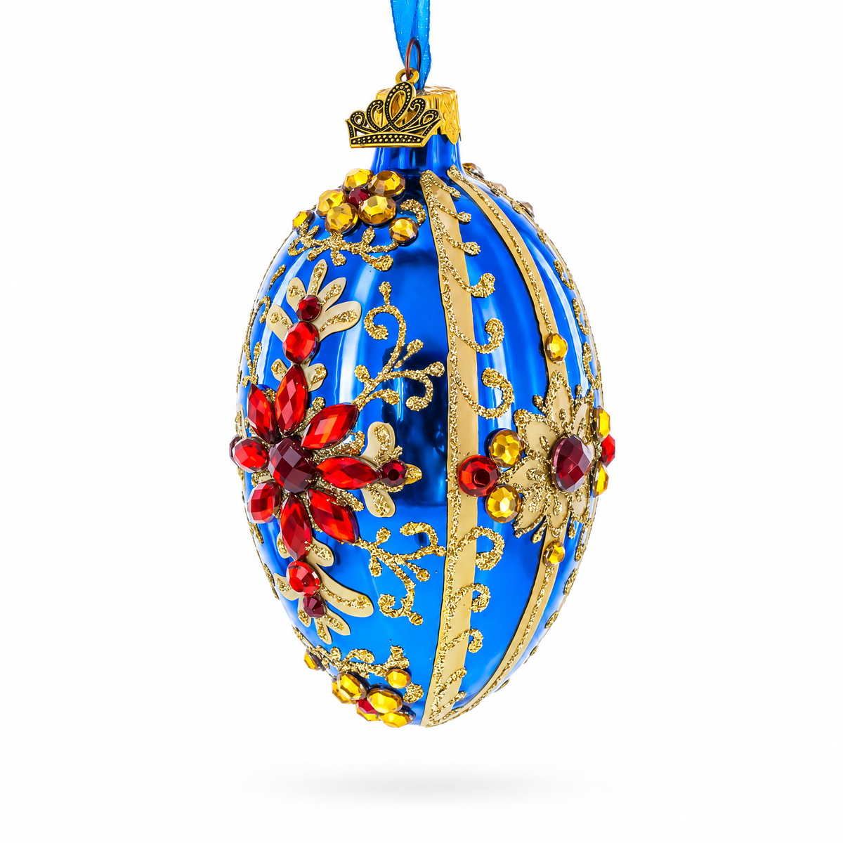 Sapphire with Red Floral Gemstone Embellishments Glass Egg Ornament 4 Inches