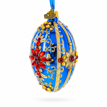 Sapphire with Red Floral Gemstone Embellishments Glass Egg Ornament 4 Inches