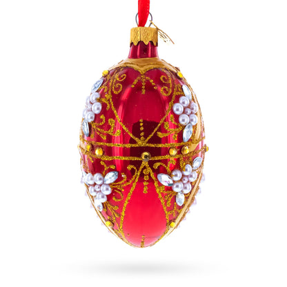 Regal Red and Gold Filigree with Pearls Glass Egg Ornament 4 Inches