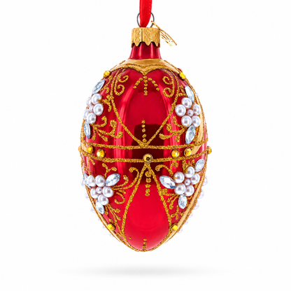 Regal Red and Gold Filigree with Pearls Glass Egg Ornament 4 Inches