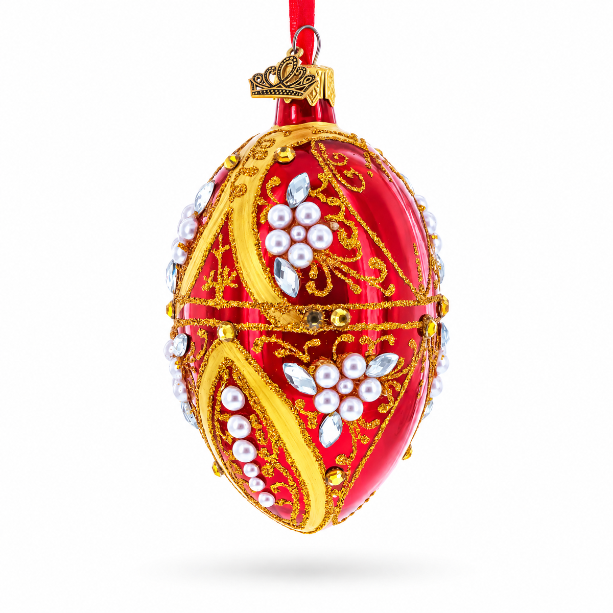 Regal Red and Gold Filigree with Pearls Glass Egg Ornament 4 Inches