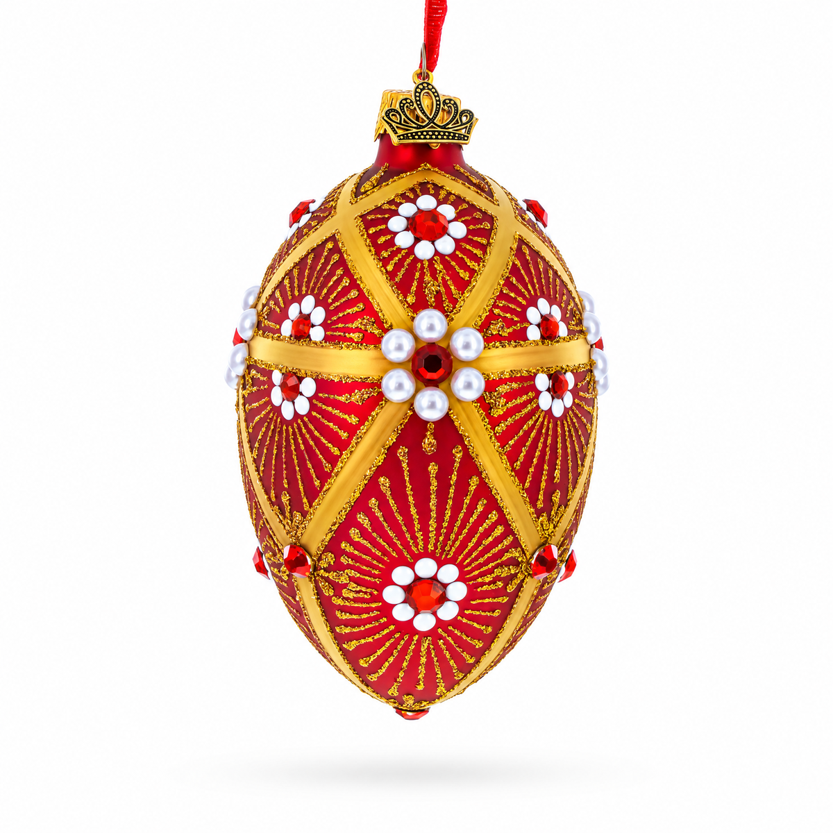 Red and Gold Floral Bejeweled Glass Egg Ornament 4 Inches