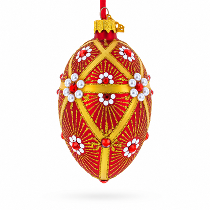 Red and Gold Floral Bejeweled Glass Egg Ornament 4 Inches