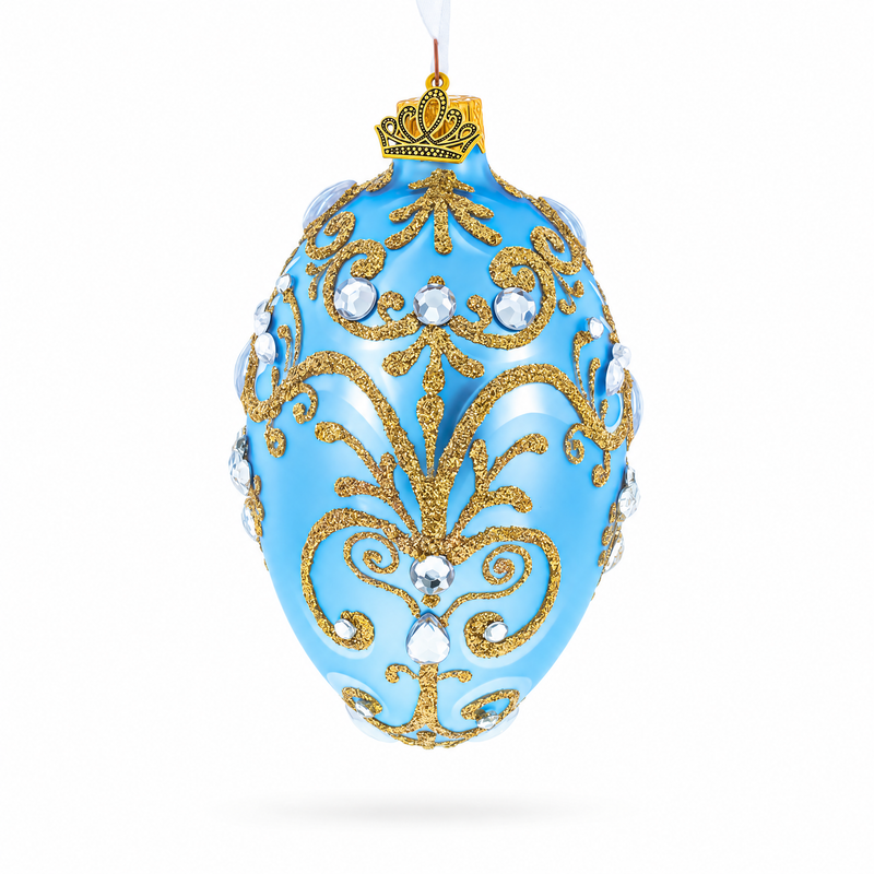 Elegant Blue and Gold Jeweled Glass Egg Ornament 4 Inches