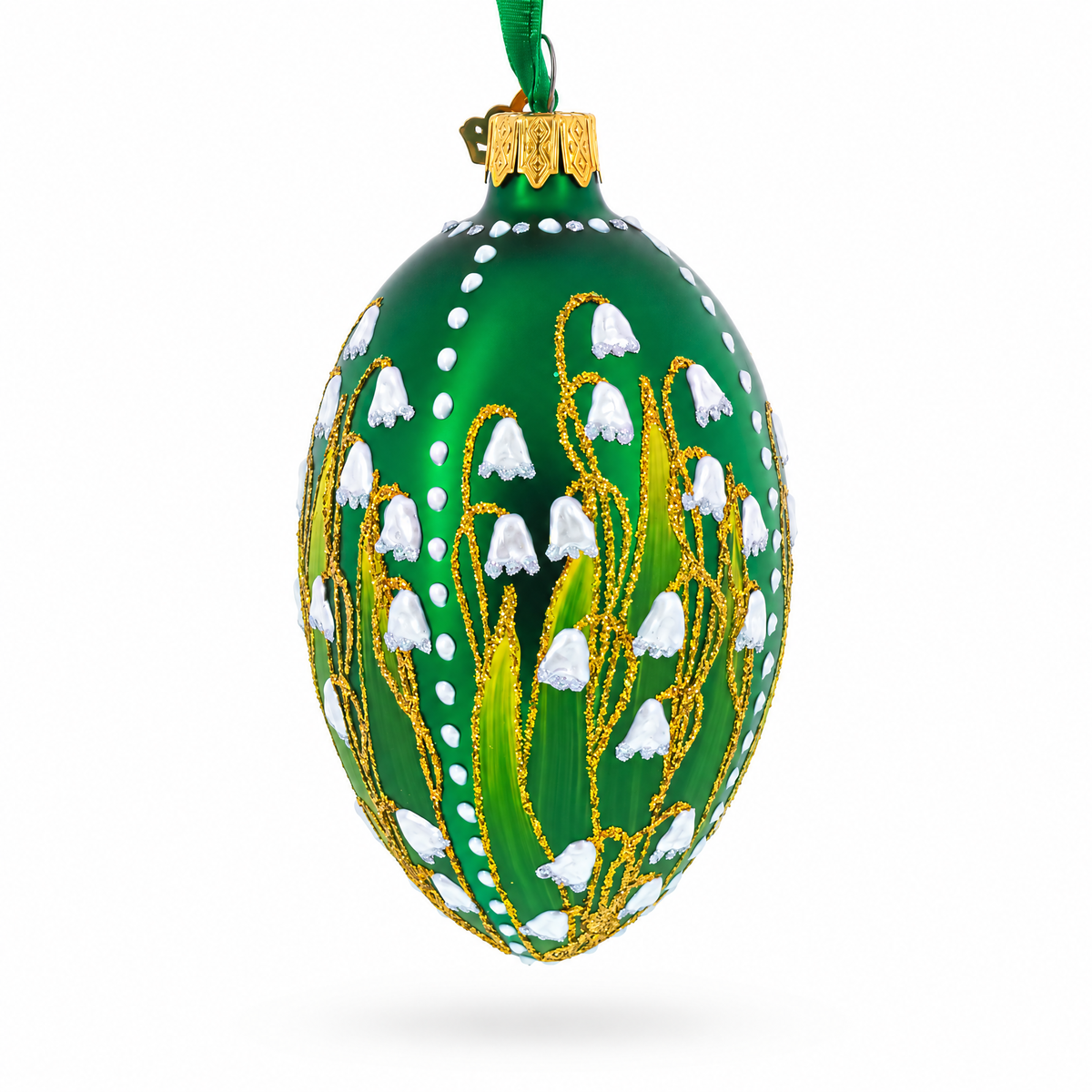 Lily of the Valley on Emerald Egg Glass Ornament 4 Inches
