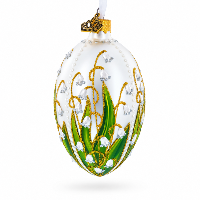 Lily of the Valley on Silver Egg Glass Ornament 4 Inches