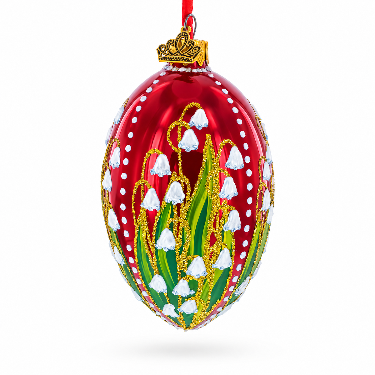 Lily of the Valley on Glossy Red Egg Glass Ornament 4 Inches