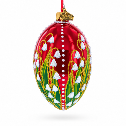 Lily of the Valley on Glossy Red Egg Glass Ornament 4 Inches
