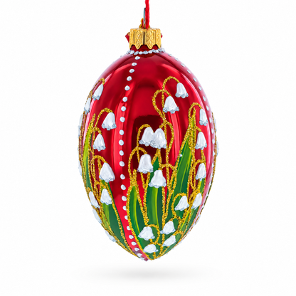 Lily of the Valley on Glossy Red Egg Glass Ornament 4 Inches