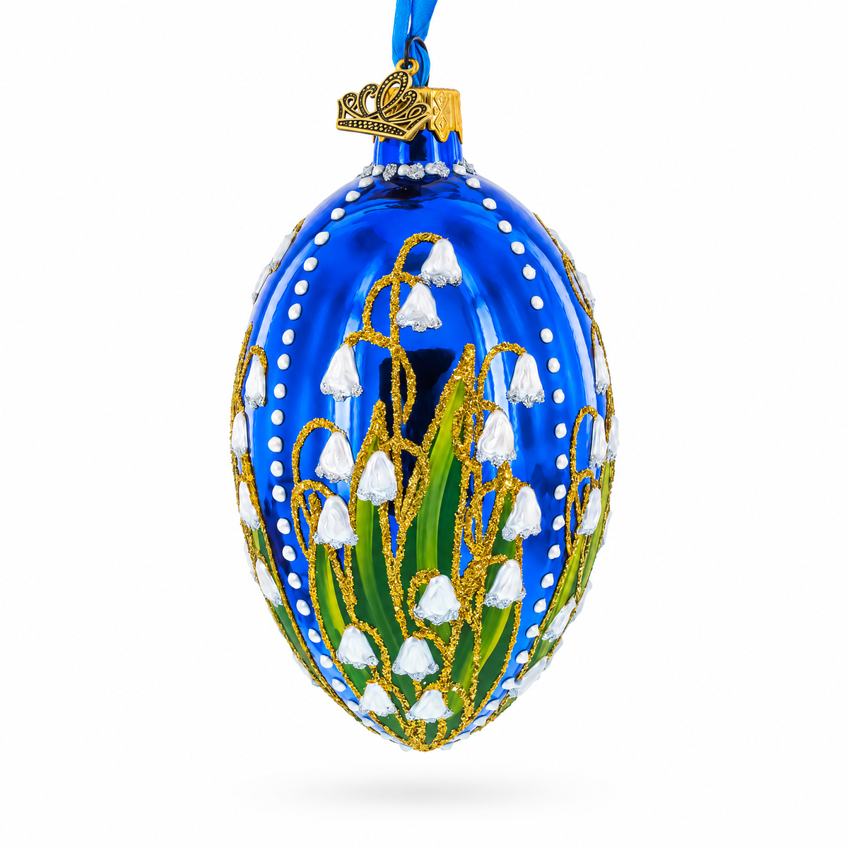 Lily of the Valley on Glossy Blue Egg Glass Ornament 4 Inches