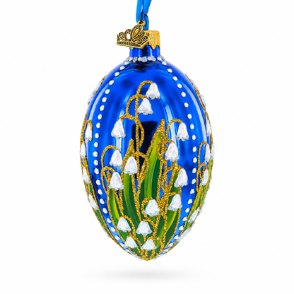 Lily of the Valley on Glossy Blue Egg Glass Ornament 4 Inches