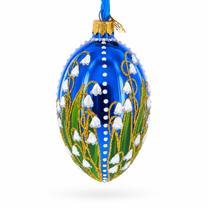 Lily of the Valley on Glossy Blue Egg Glass Ornament 4 Inches