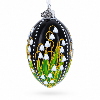 Lily of the Valley on Glossy Black Egg Glass Ornament 4 Inches