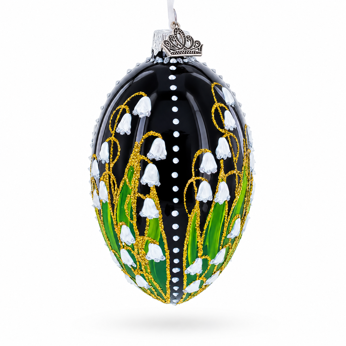 Lily of the Valley on Glossy Black Egg Glass Ornament 4 Inches