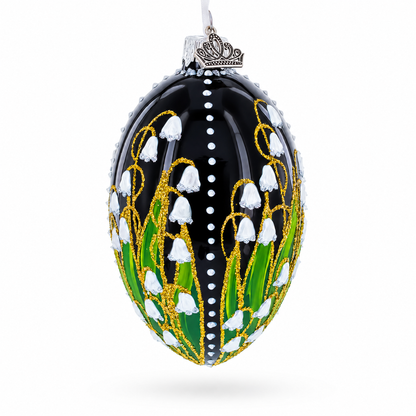 Lily of the Valley on Glossy Black Egg Glass Ornament 4 Inches