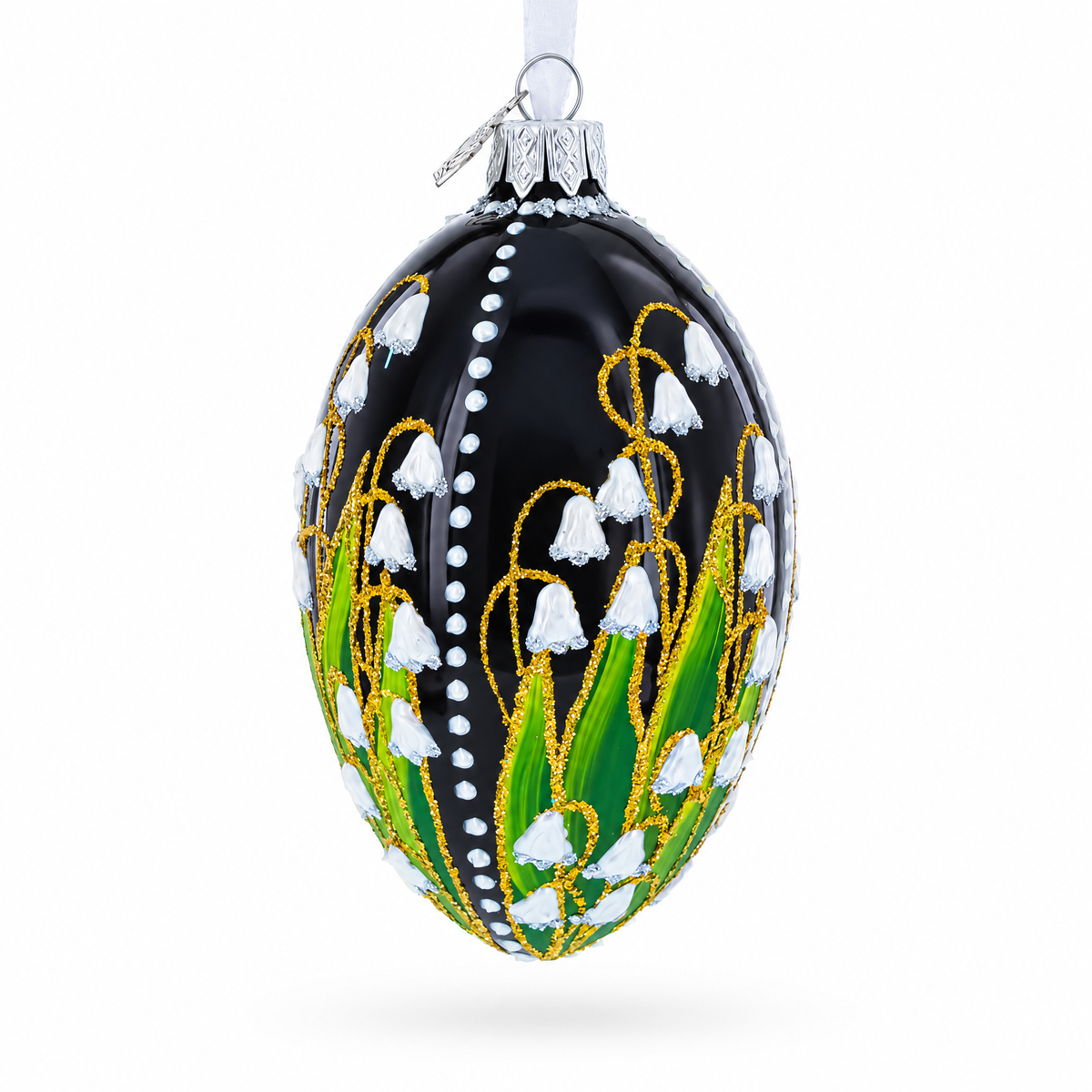 Lily of the Valley on Glossy Black Egg Glass Ornament 4 Inches