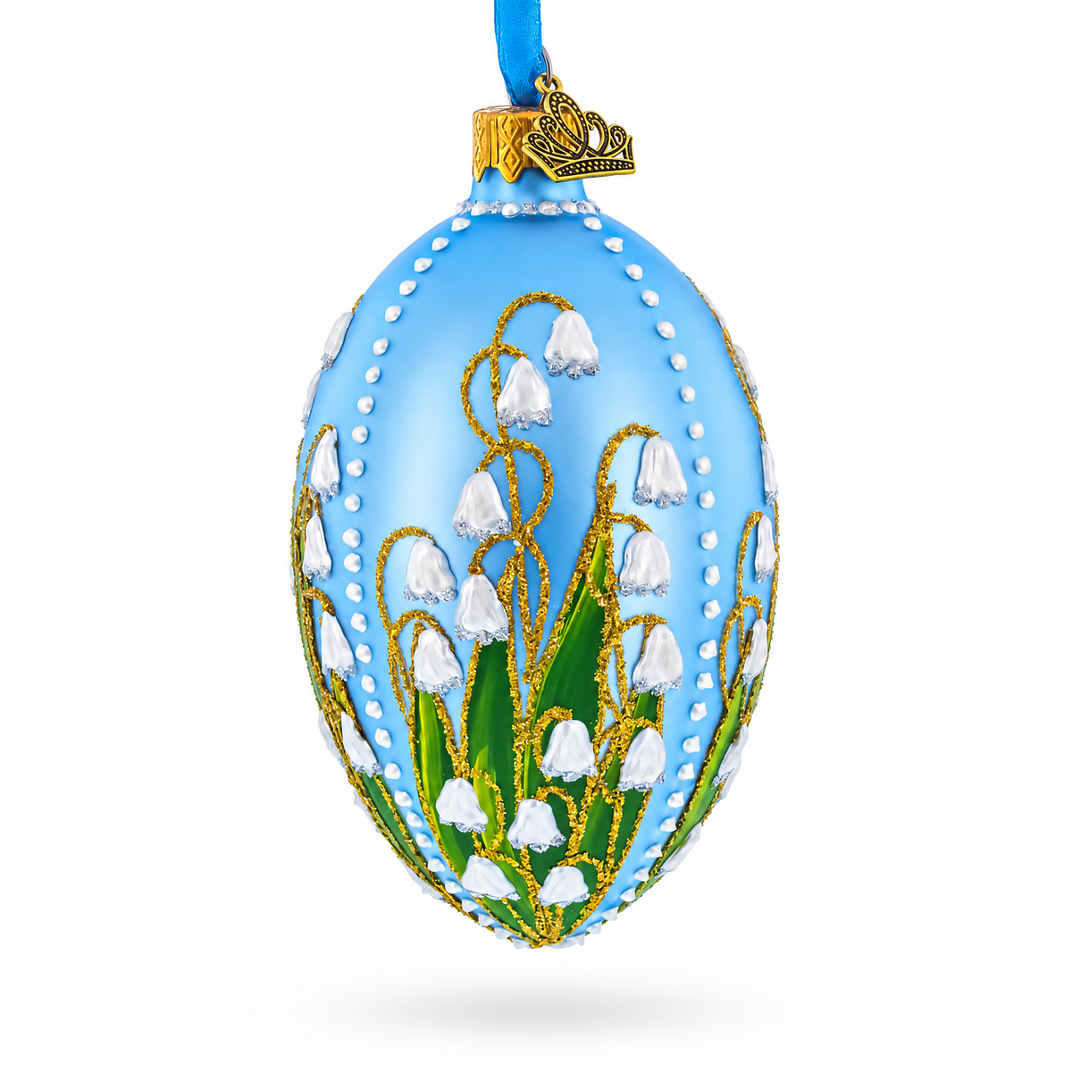 Lily of the Valley on Frosted Blue Egg Glass Ornament 4 Inches