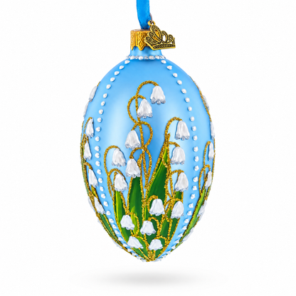 Lily of the Valley on Frosted Blue Egg Glass Ornament 4 Inches