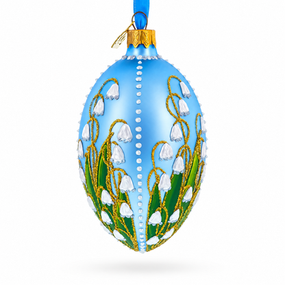 Lily of the Valley on Frosted Blue Egg Glass Ornament 4 Inches