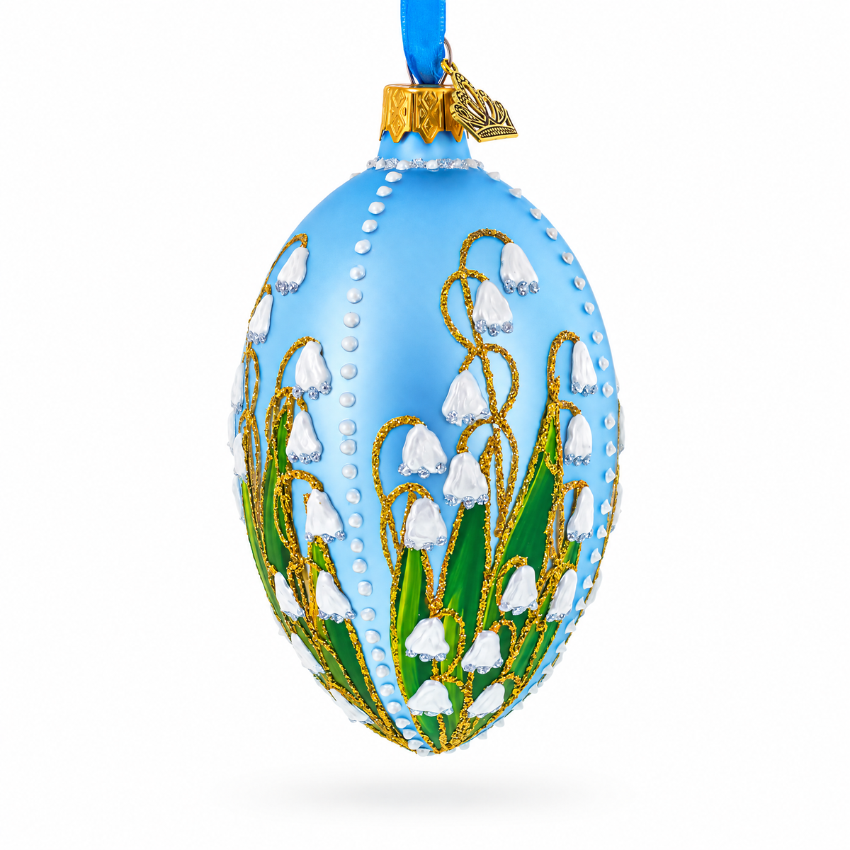 Lily of the Valley on Frosted Blue Egg Glass Ornament 4 Inches