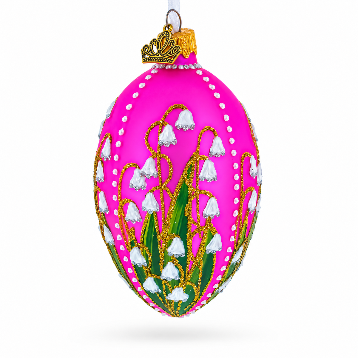 Lily of the Valley on Pink Egg Glass Ornament 4 Inches