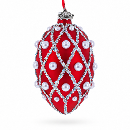 Red Pearl Lattice Glass Egg Ornament 4 Inches