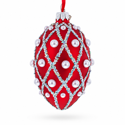 Red Pearl Lattice Glass Egg Ornament 4 Inches