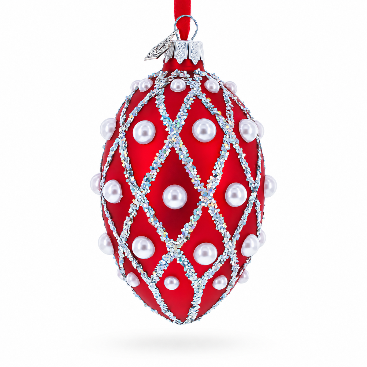 Red Pearl Lattice Glass Egg Ornament 4 Inches