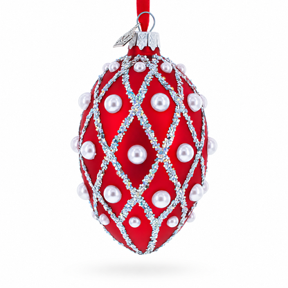 Red Pearl Lattice Glass Egg Ornament 4 Inches