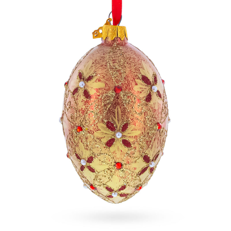 Gilded Bloom & Pearl Lattice Jeweled Glass Egg Ornament 4 Inches