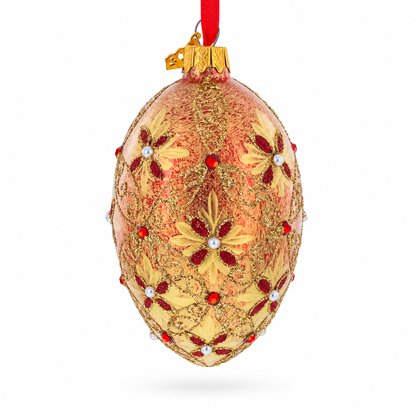 Gilded Bloom & Pearl Lattice Jeweled Glass Egg Ornament 4 Inches