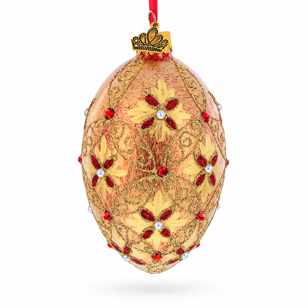 Gilded Bloom & Pearl Lattice Jeweled Glass Egg Ornament 4 Inches