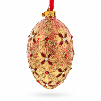 Gilded Bloom & Pearl Lattice Jeweled Glass Egg Ornament 4 Inches