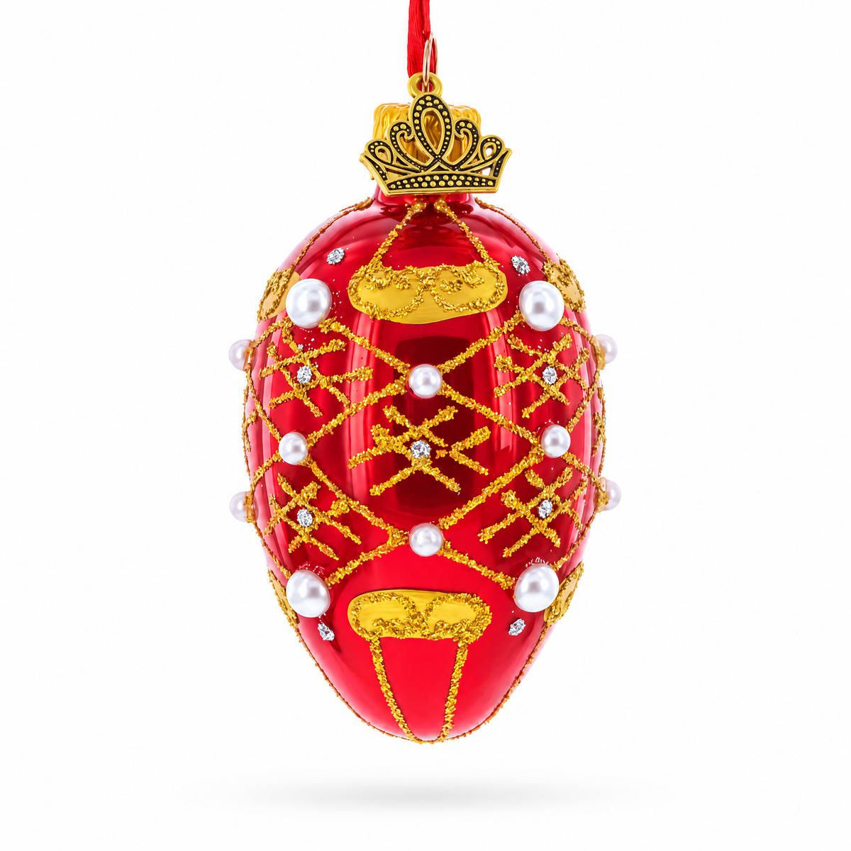 Red with Gold Glitter, Pearl Accents, and Floral Design Mini Glass Egg Ornament 2.9 Inches