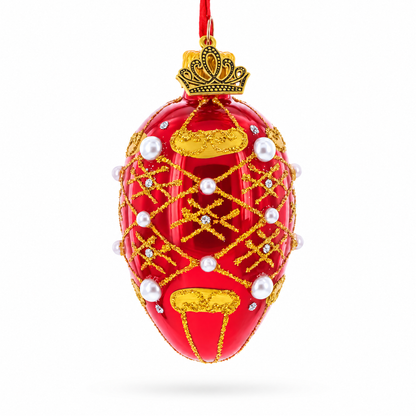 Red with Gold Glitter, Pearl Accents, and Floral Design Mini Glass Egg Ornament 2.9 Inches