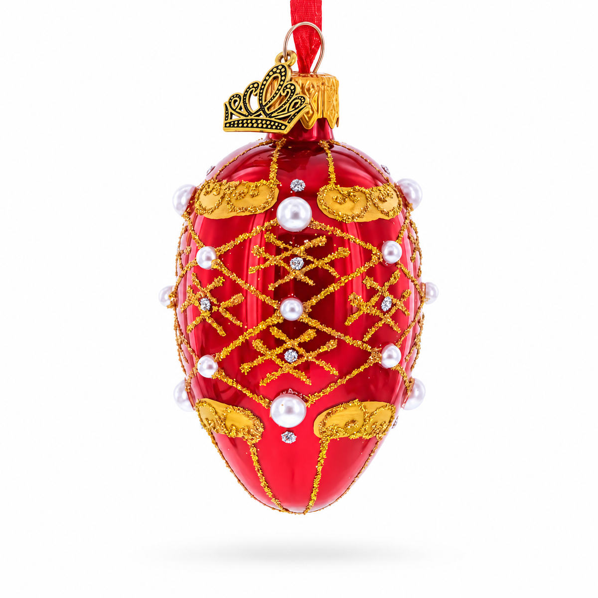 Red with Gold Glitter, Pearl Accents, and Floral Design Mini Glass Egg Ornament 2.9 Inches